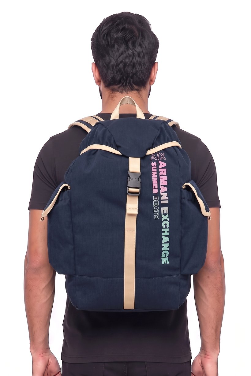 AX Armani Exchange Man Brand Logo Buckle Closure Backpack, Black