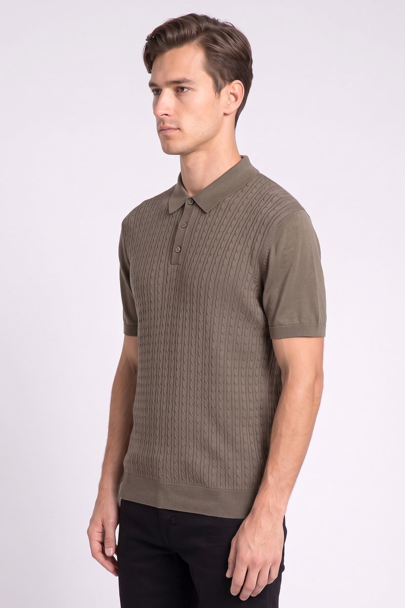 Men Regular Fit Textured Short Sleeve Polo Shirt, Olive