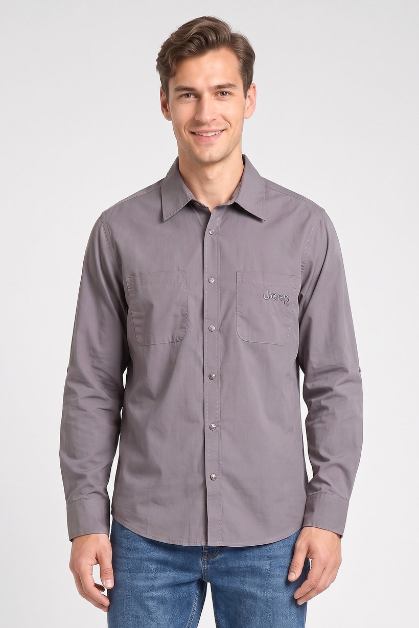 Men Regular Fit Long Sleeve Embroidered Logo Casual Shirt, Dark Grey