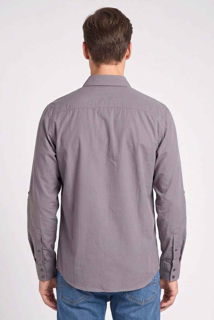Men Regular Fit Long Sleeve Embroidered Logo Casual Shirt, Dark Grey
