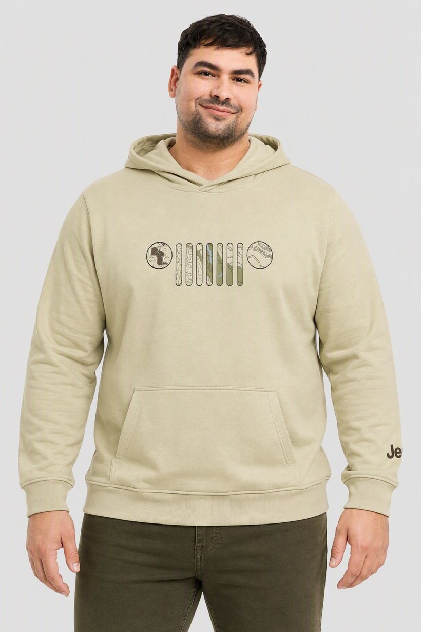 Men Brand Logo Long Sleeve Hoodie, Beige