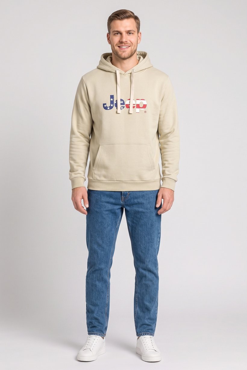 Men Brand Logo Long Sleeve Hoodie, Beige