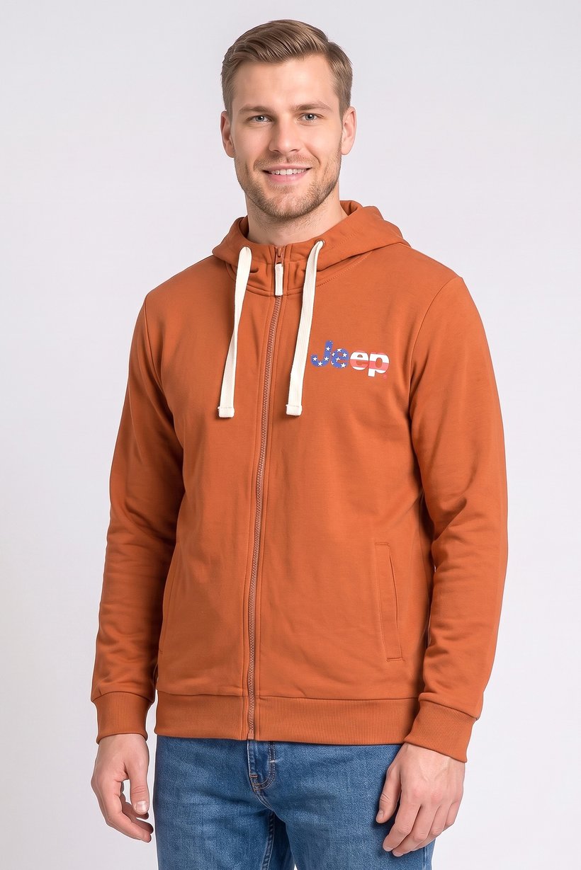 Men Brand Logo Long Sleeve Hoodie, Rust Brown