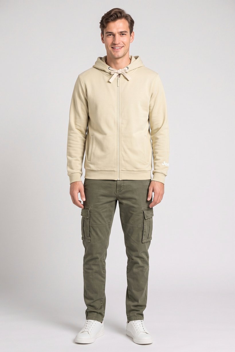 Men Brand Logo Long Sleeve Hoodie, Beige