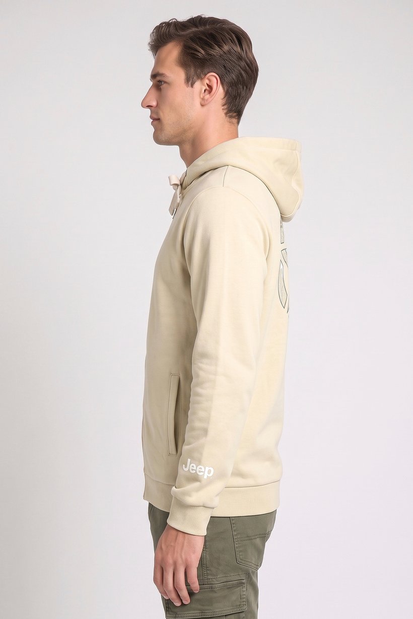 Men Brand Logo Long Sleeve Hoodie, Beige