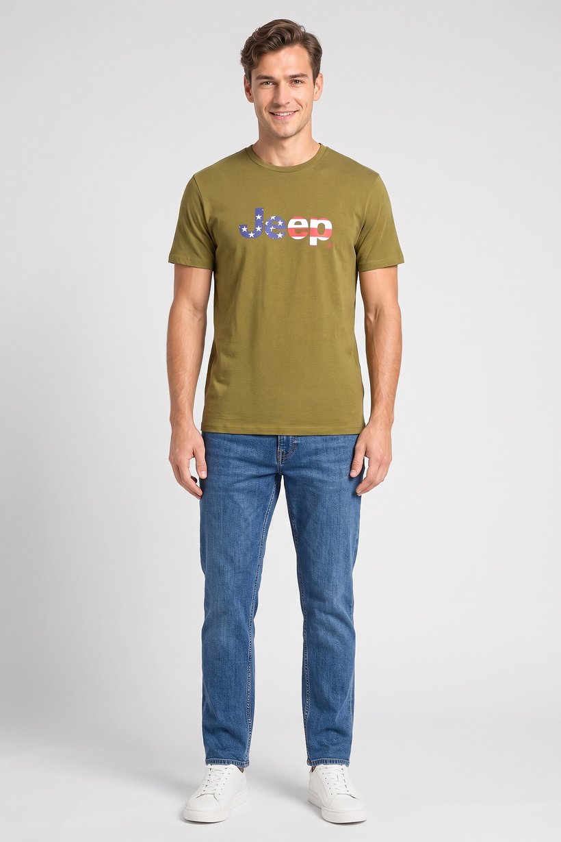 Men Crew Neck Short Sleeve Brand Logo T-Shirt, Olive