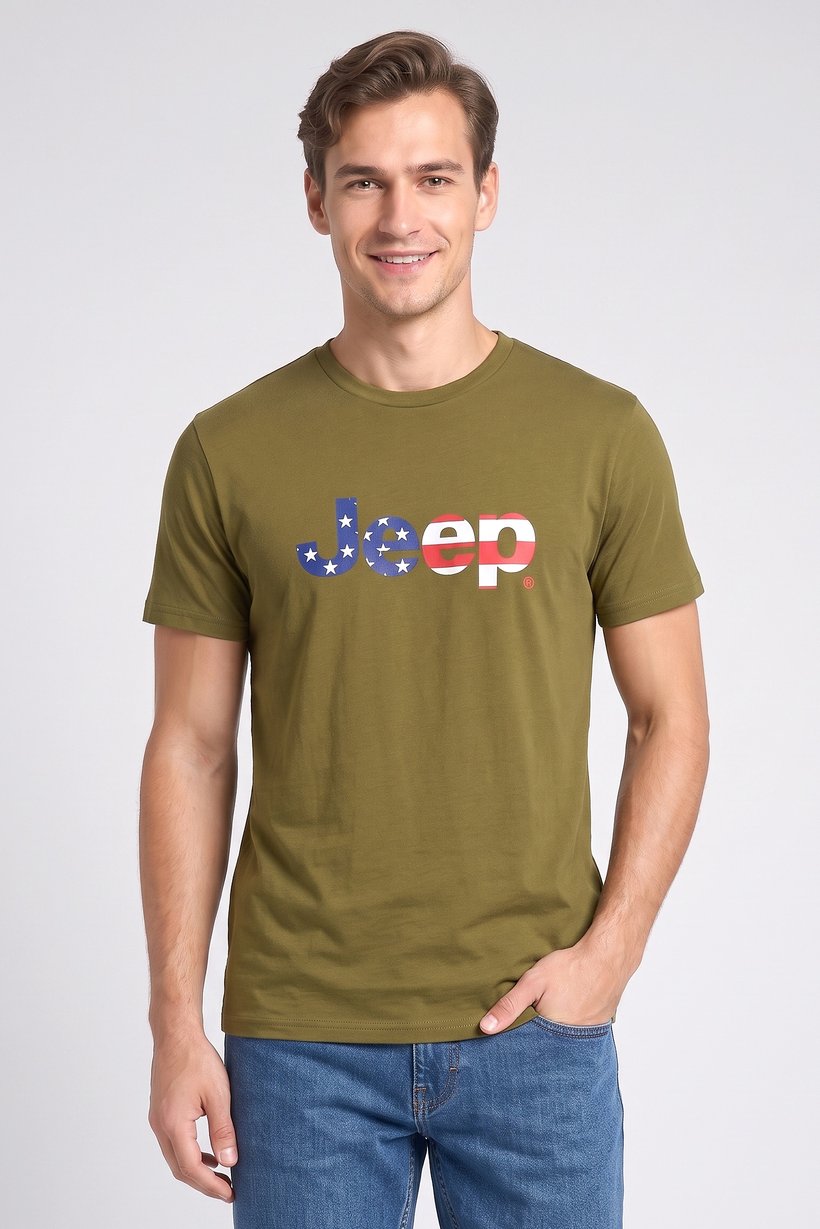 Men Crew Neck Short Sleeve Brand Logo T-Shirt, Olive