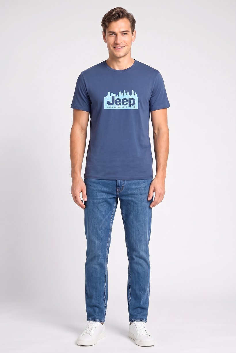 Men Crew Neck Short Sleeve Brand Logo T-Shirt, Navy