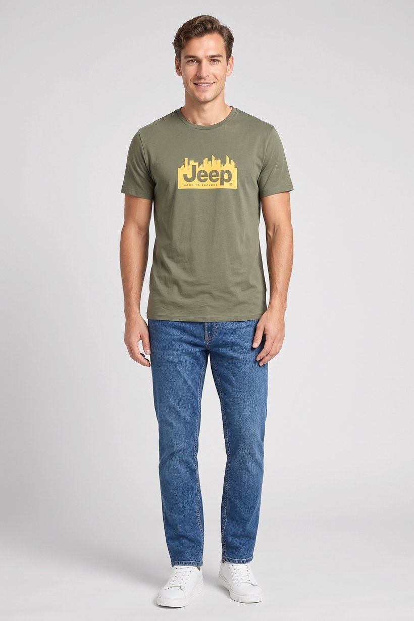 Men Crew Neck Short Sleeve Brand Logo T-Shirt, Olive