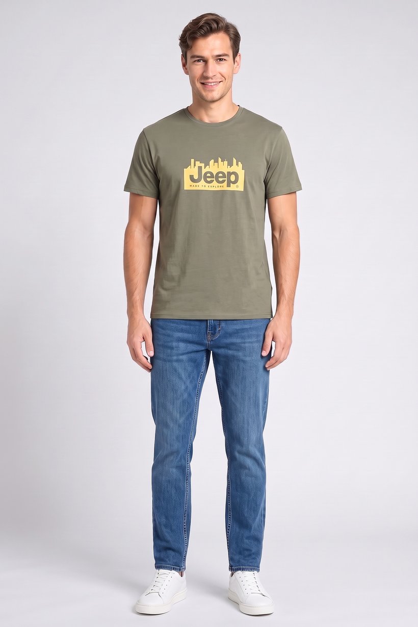 Men Crew Neck Short Sleeve Brand Logo T-Shirt, Olive