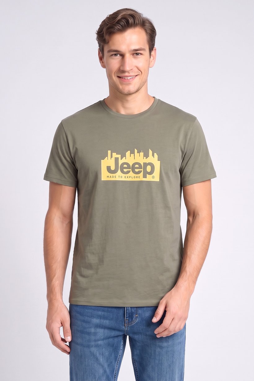 Men Crew Neck Short Sleeve Brand Logo T-Shirt, Olive