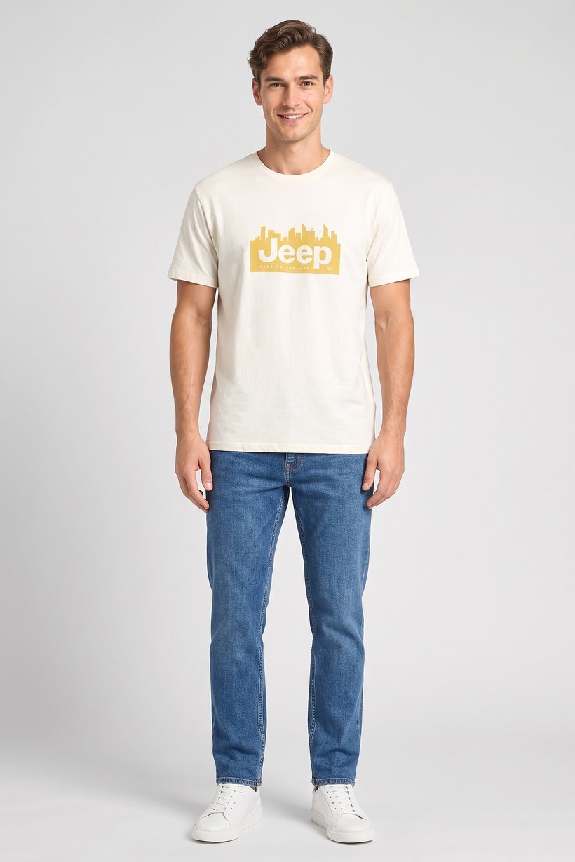 Men Crew Neck Short Sleeve Brand Logo T-Shirt, Cream