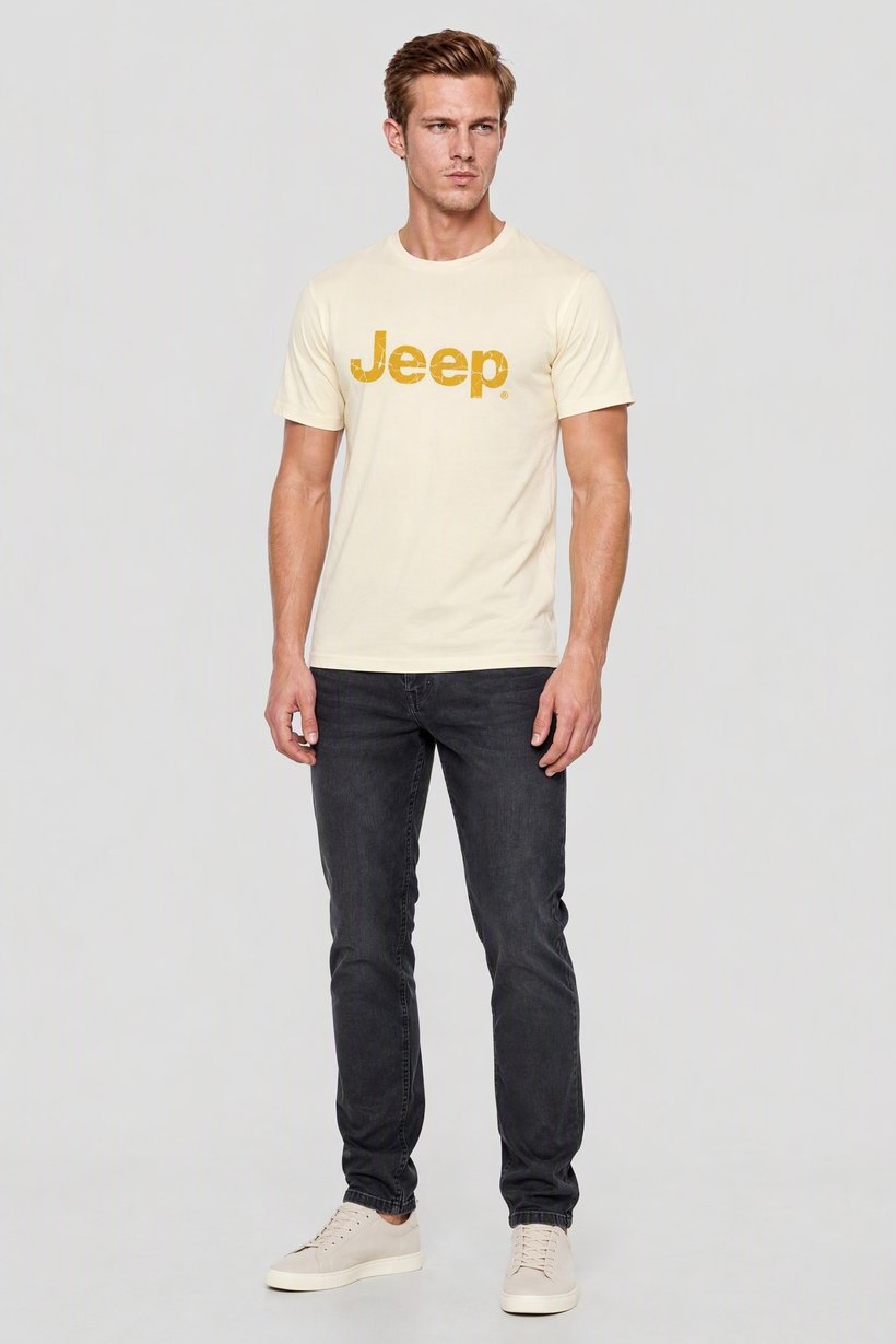 Men Crew Neck Short Sleeve Graphic Print T-Shirt, Cream