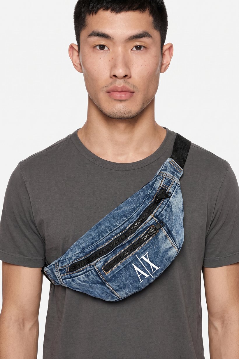 AX Armani Exchange Men Brand Logo Denim Fanny Pack, Blue