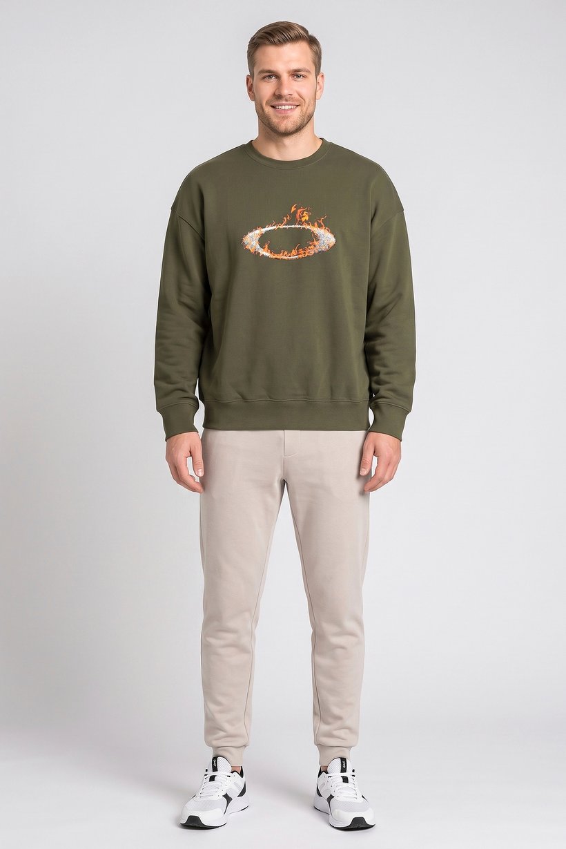 Men Crew Neck Long Sleeve Brand Logo Sweatshirt, Dark Olive