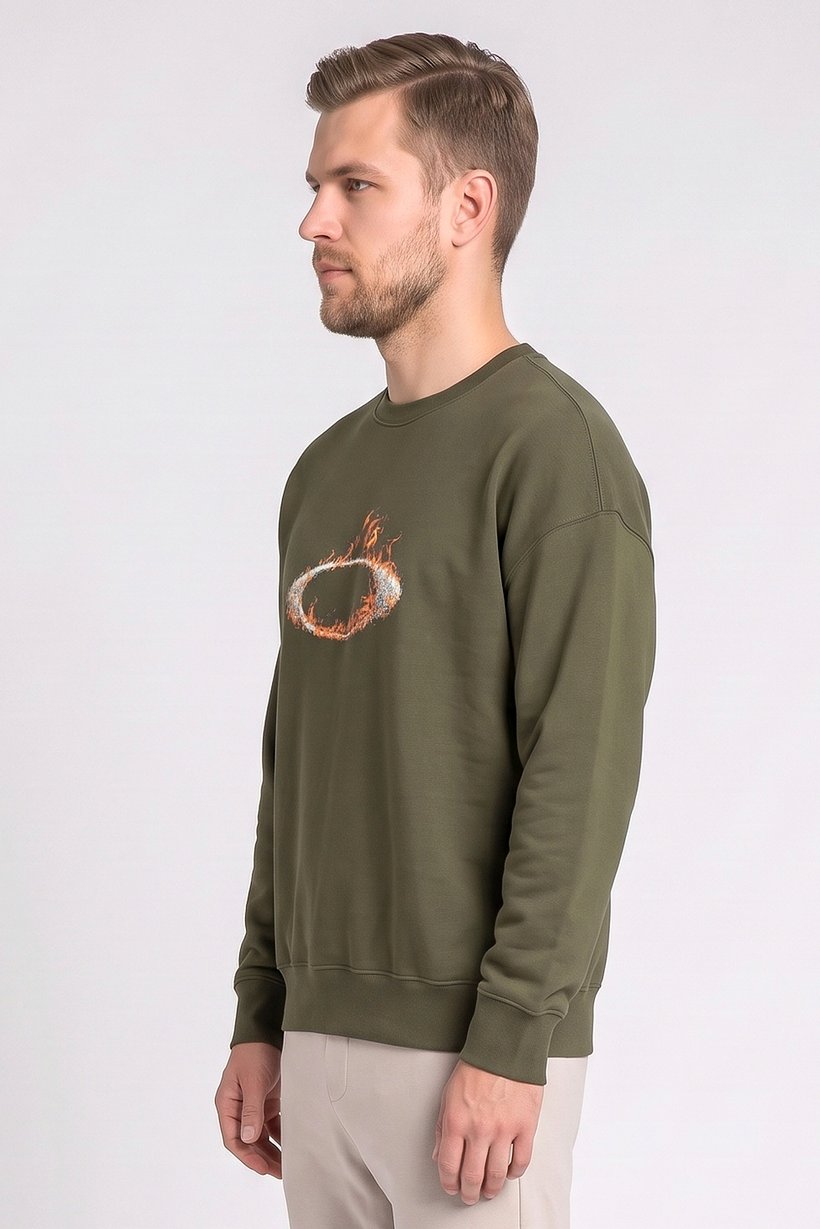 Men Crew Neck Long Sleeve Brand Logo Sweatshirt, Dark Olive