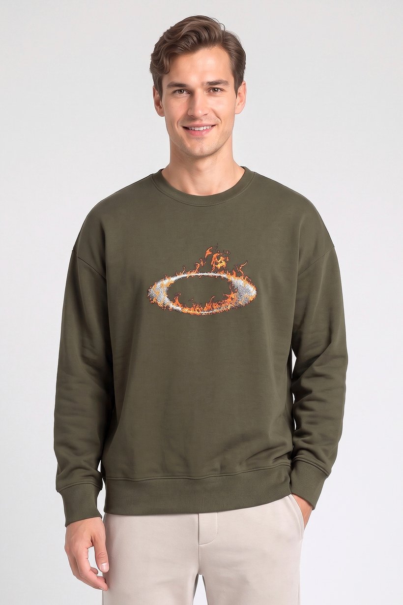Men Regular Fit Long Sleeve Outdoor Sweatshirt, Dark Olive