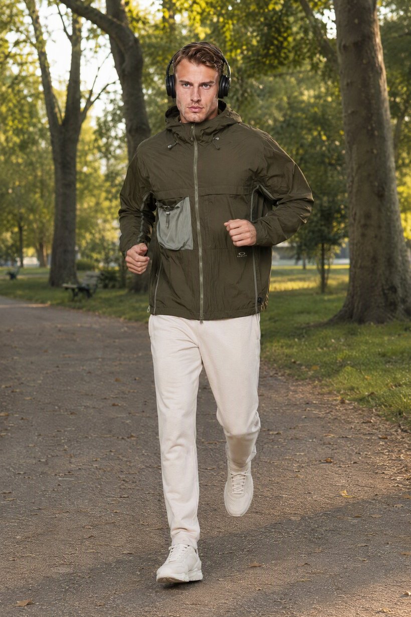 Men Performance Fit Long Sleeve Windbreaker Outdoor Jacket, Olive