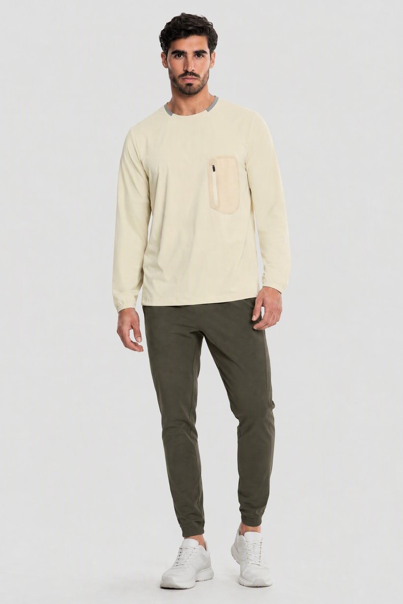 Men Performance Fit Long Sleeve Training T-Shirt, Cream