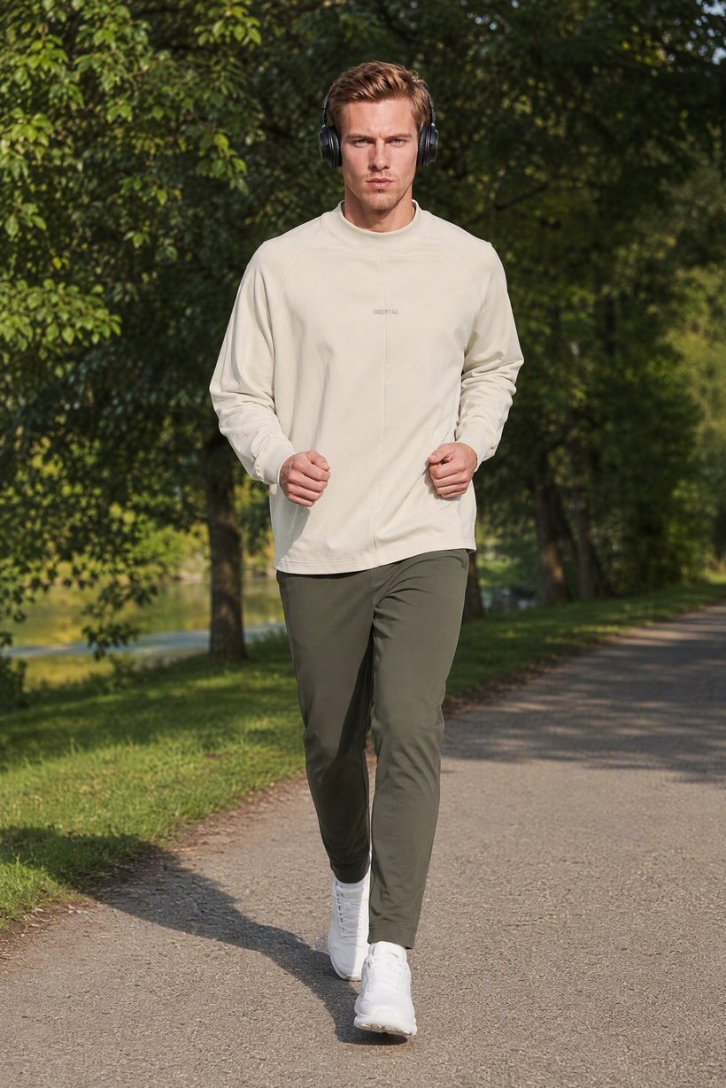 Men Regular Fit Long Sleeve Outdoor Sweatshirt, Cream