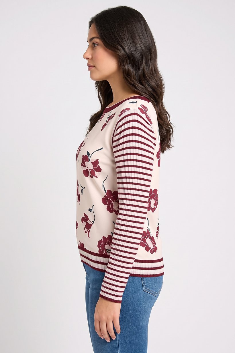 Women Boat Neck Long Sleeve Floral Print Top, Multicolor