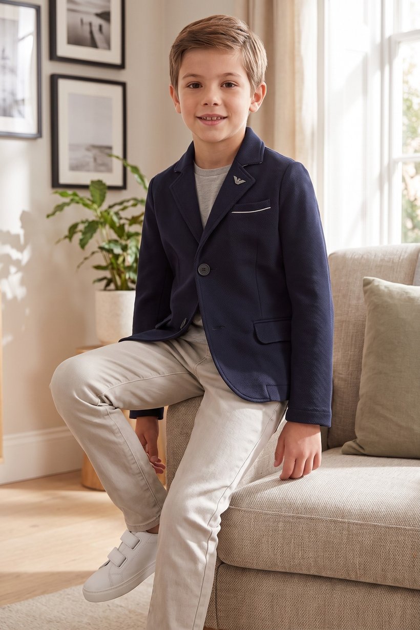 Armani Junior Kids Boy Textured Long Sleeve Casual Blazer, Navy