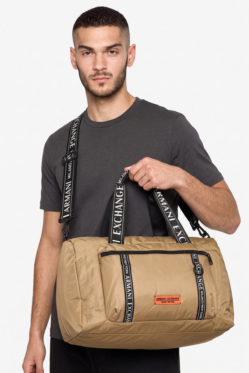 Armani Exchange Men Brand Logo Duffle Bag, Khaki