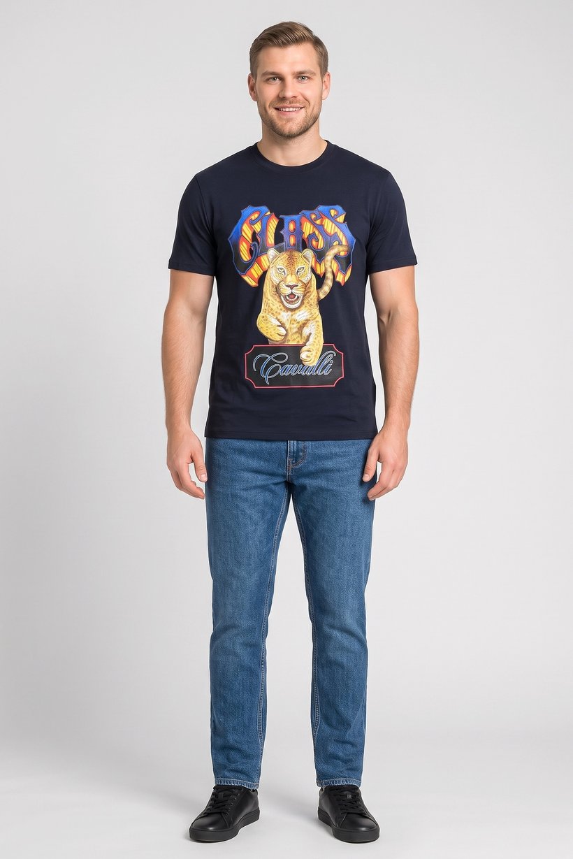 Men Crew Neck Graphic Print Short Sleeve T-Shirt, Navy