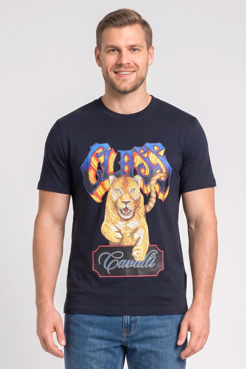 Men Crew Neck Graphic Print Short Sleeve T-Shirt, Navy