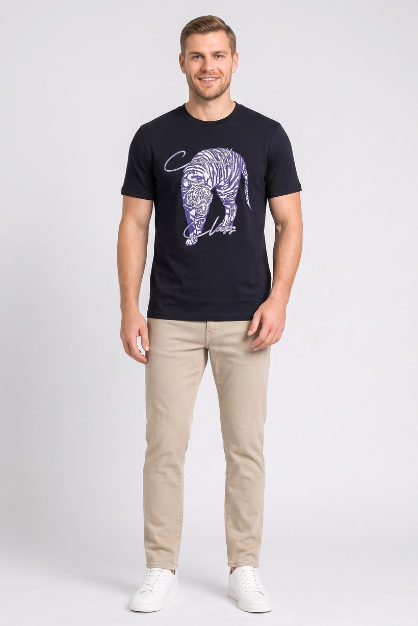 Men Crew Neck Graphic Print Short Sleeve T-Shirt, Navy