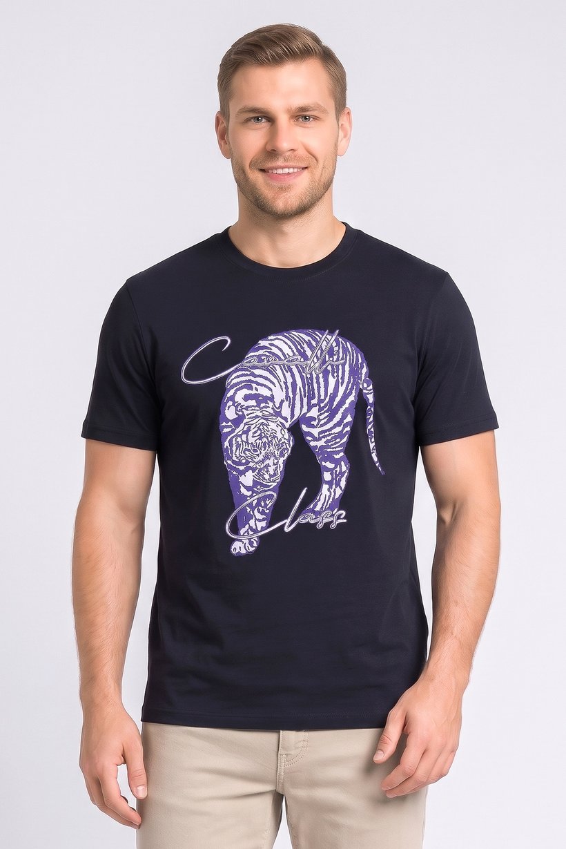 Men Crew Neck Graphic Print Short Sleeve T-Shirt, Navy