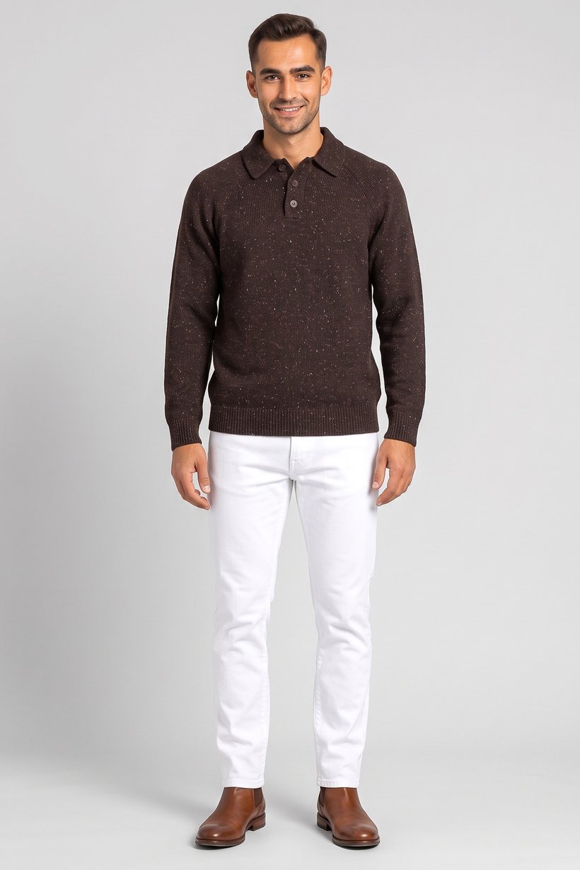 Men Spread Collar Textured Sweater, Brown