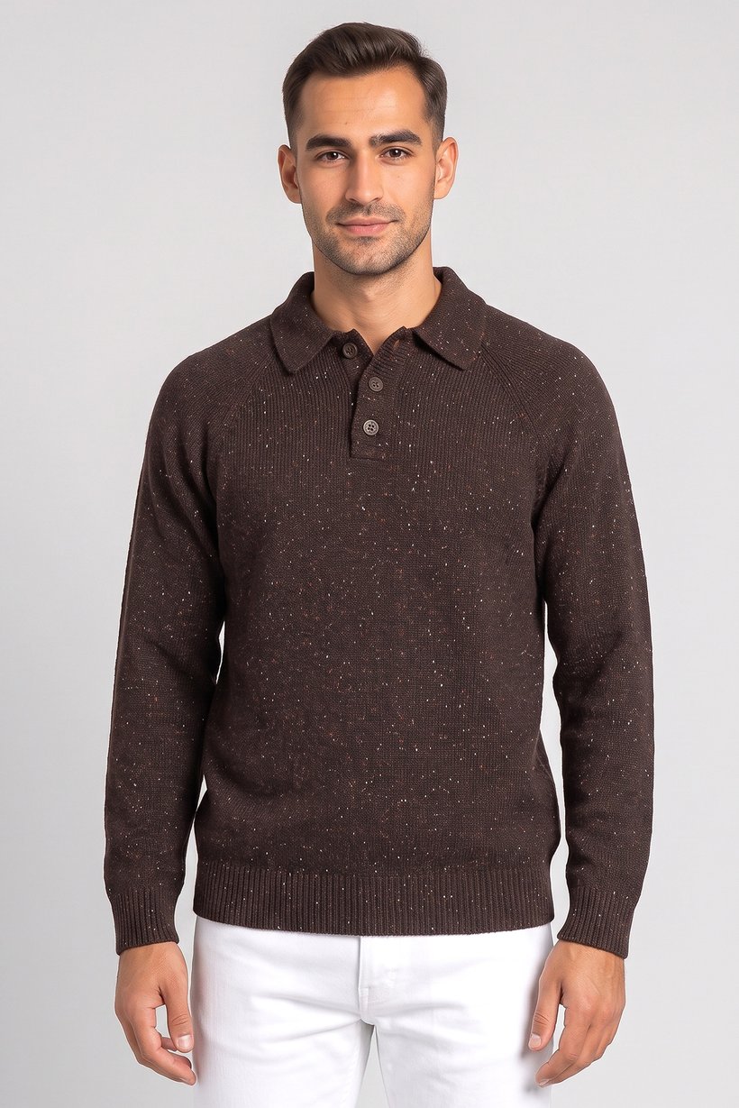 Men Spread Collar Textured Sweater, Brown