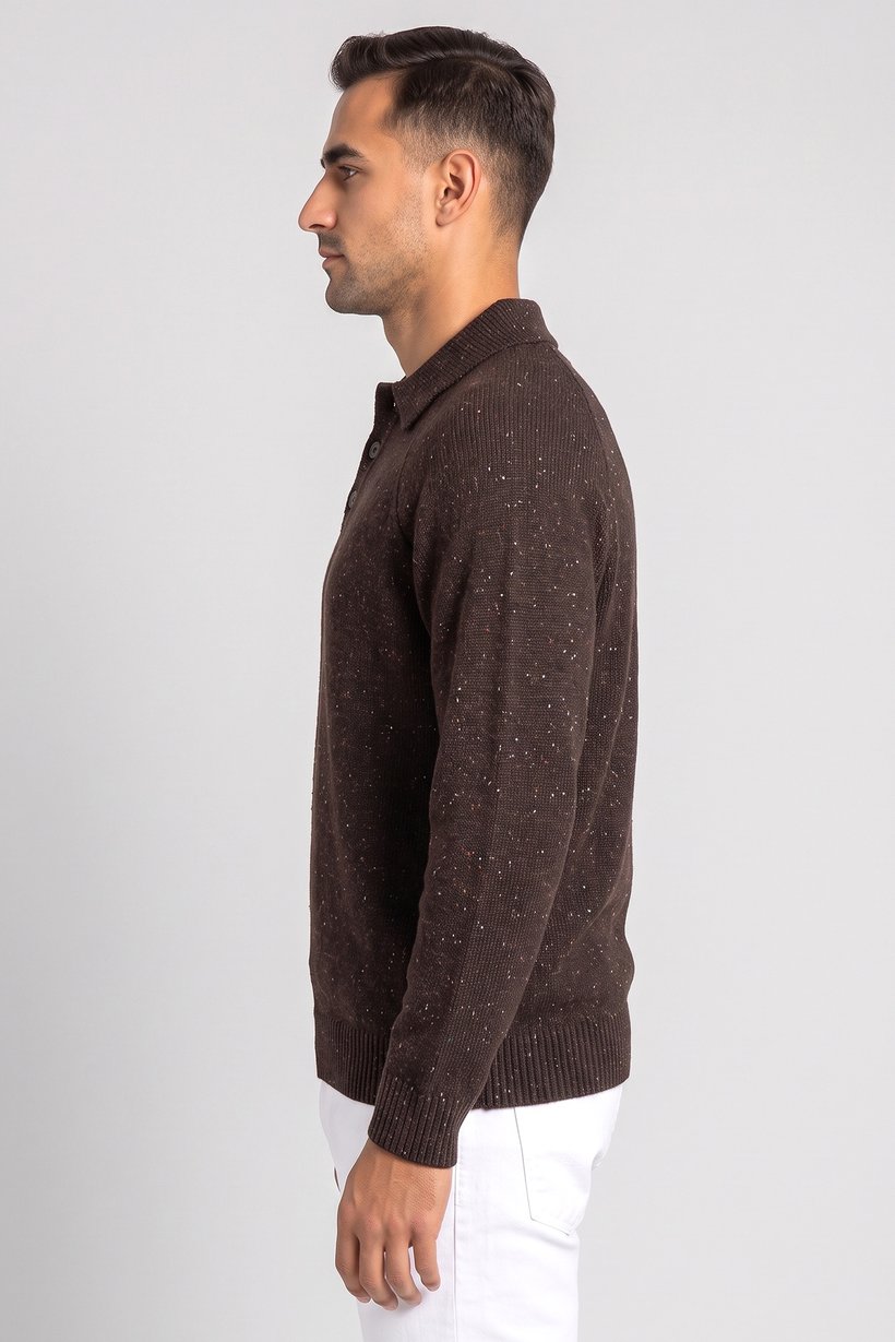 Men Spread Collar Textured Sweater, Brown