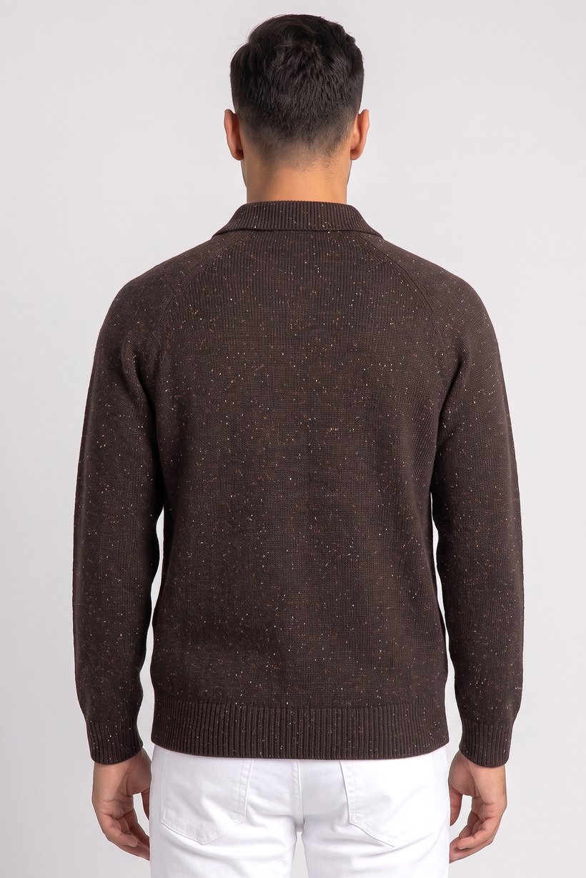 Men Spread Collar Textured Sweater, Brown