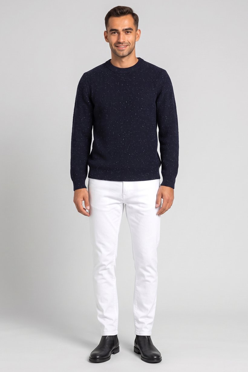 Men Crew Neck Long Sleeve Rib Knit Sweater, Navy