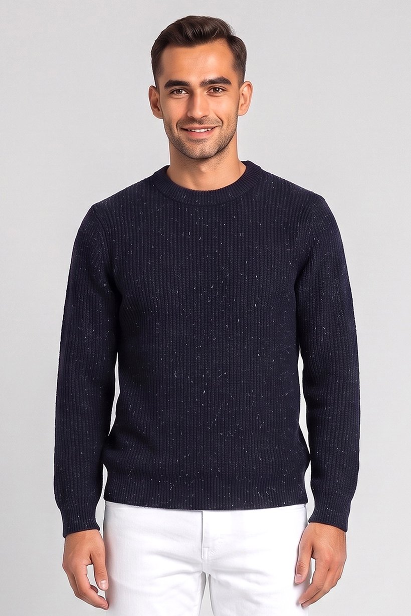 Men Crew Neck Long Sleeve Rib Knit Sweater, Navy