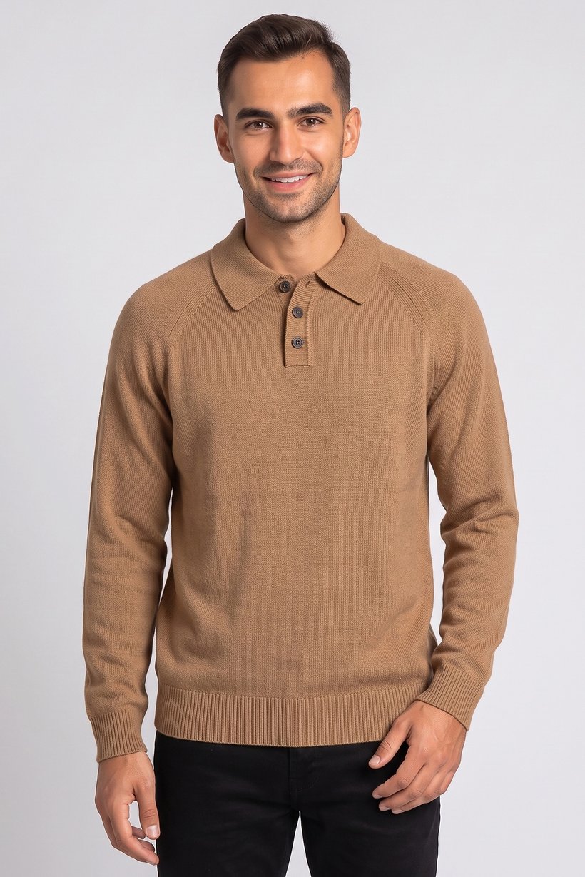 Men Spread Collar Textured Sweater, Brown