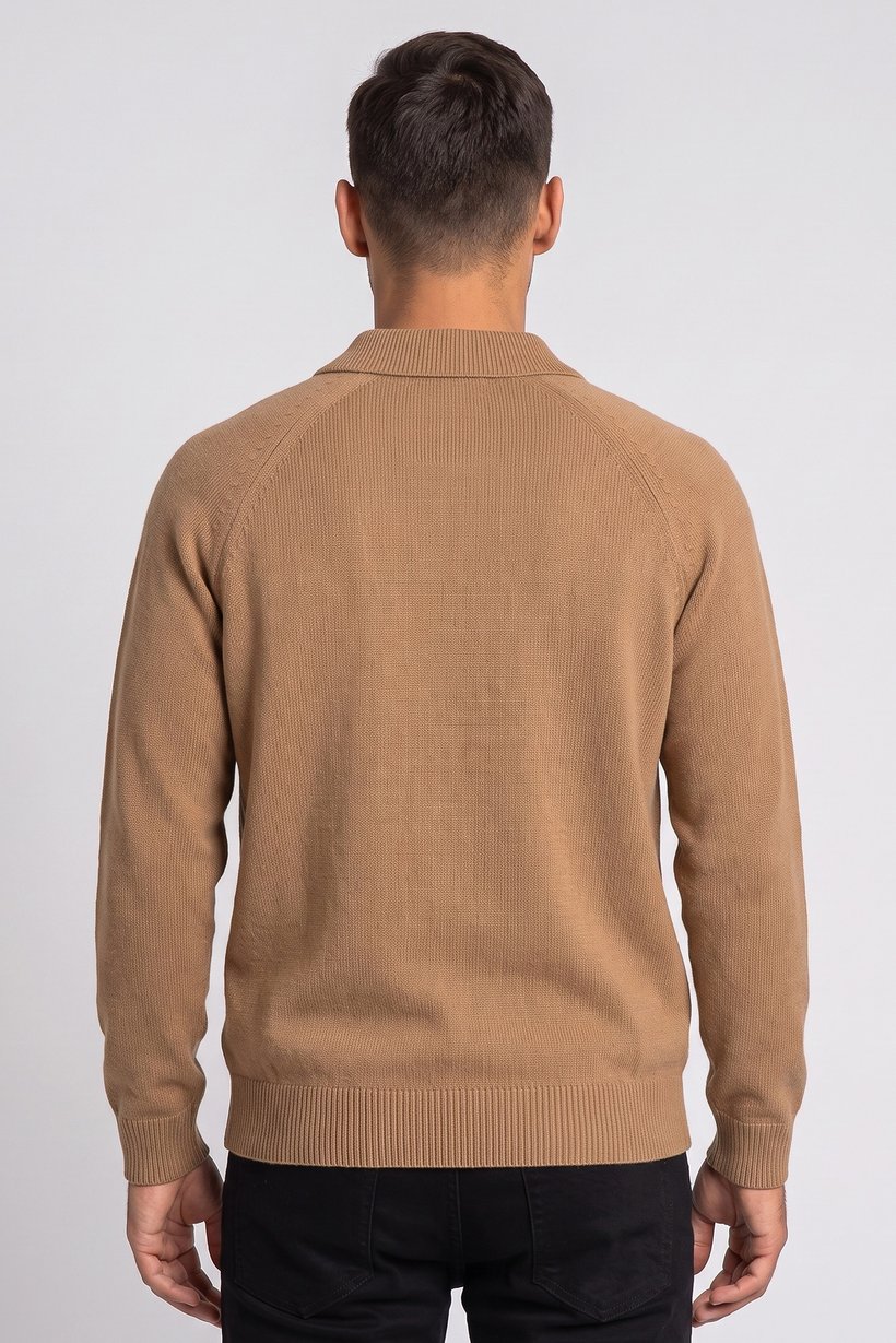 Men Spread Collar Textured Sweater, Brown