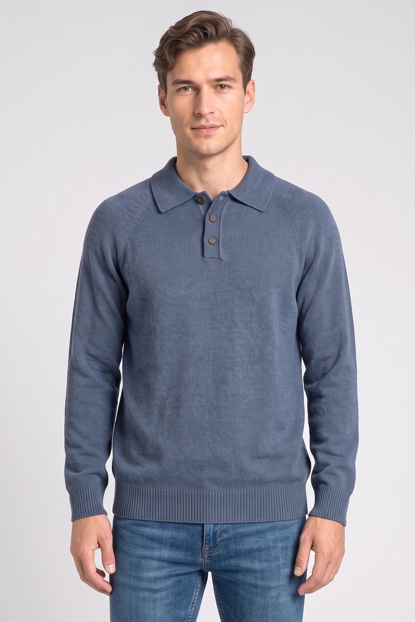 Men Regular Fit Knitted Long Sleeve Polo Shirt, Dusty Blue
