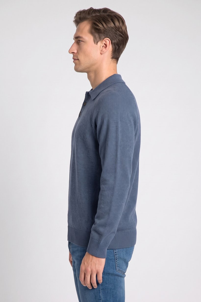 Men Regular Fit Knitted Long Sleeve Polo Shirt, Dusty Blue