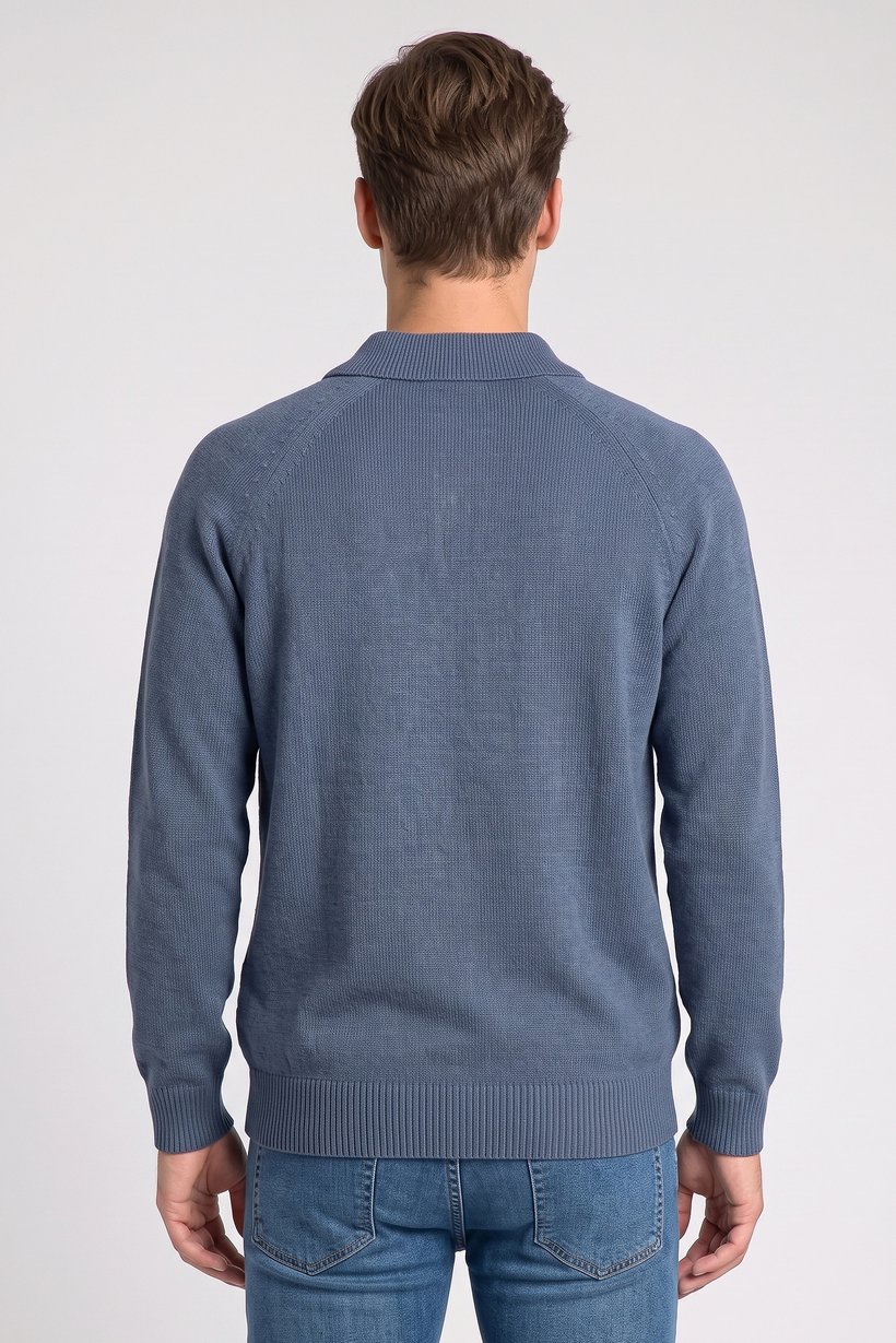 Men Regular Fit Knitted Long Sleeve Polo Shirt, Dusty Blue
