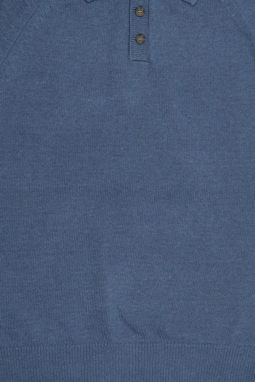 Men Regular Fit Knitted Long Sleeve Polo Shirt, Dusty Blue