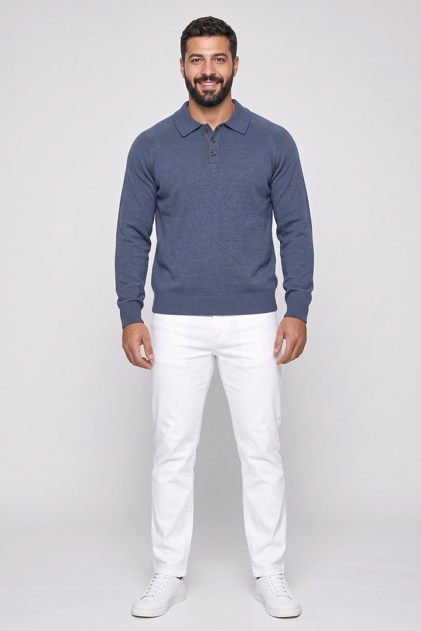 Men Spread Collar Rib Knit Sweater, Slate Blue