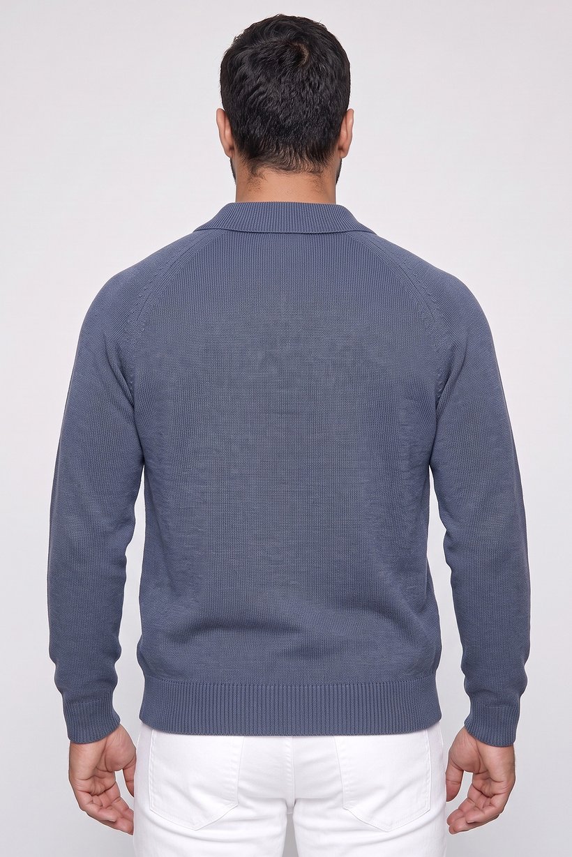 Men Spread Collar Rib Knit Sweater, Slate Blue