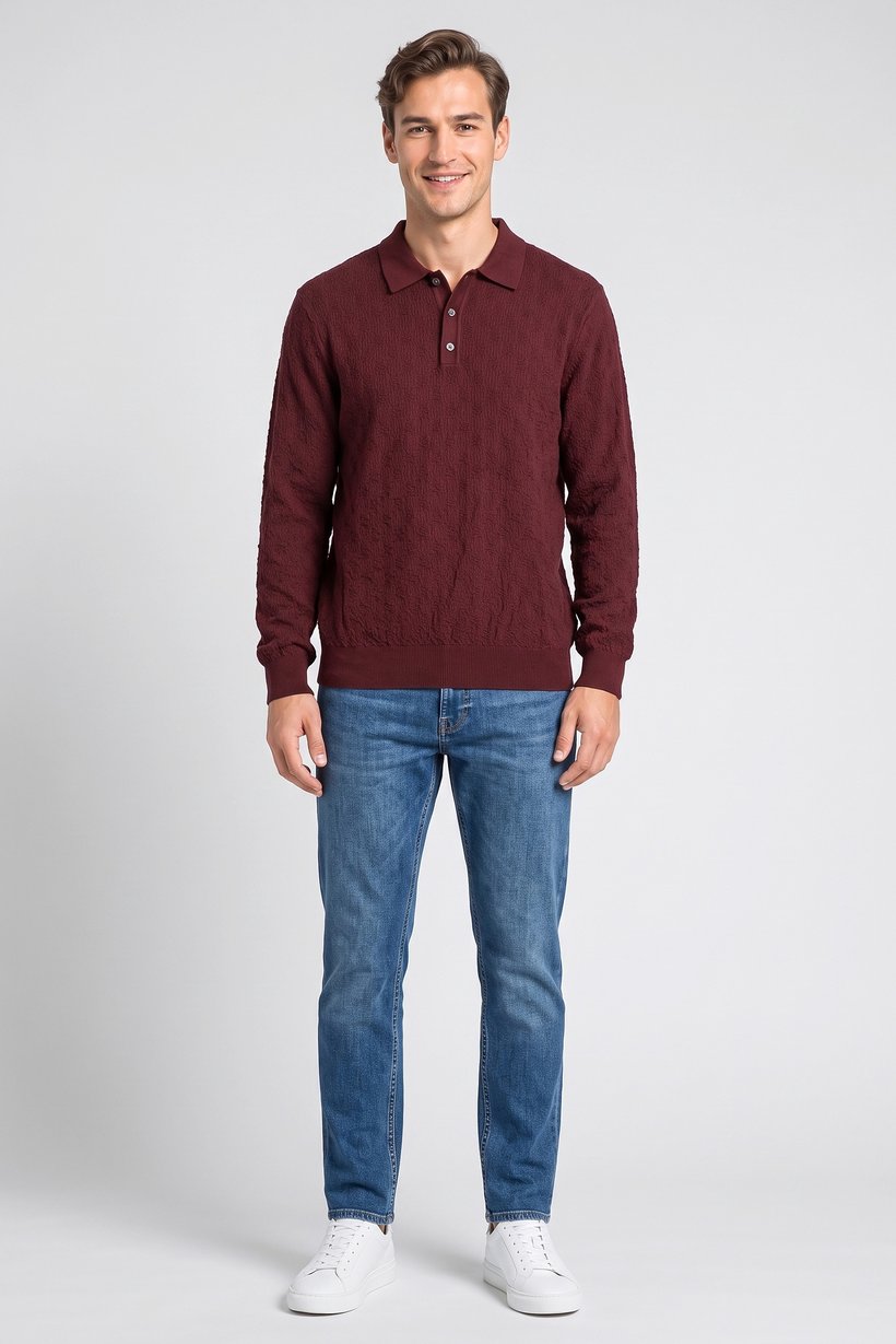 Men Spread Collar Knitted Sweater, Burgandy