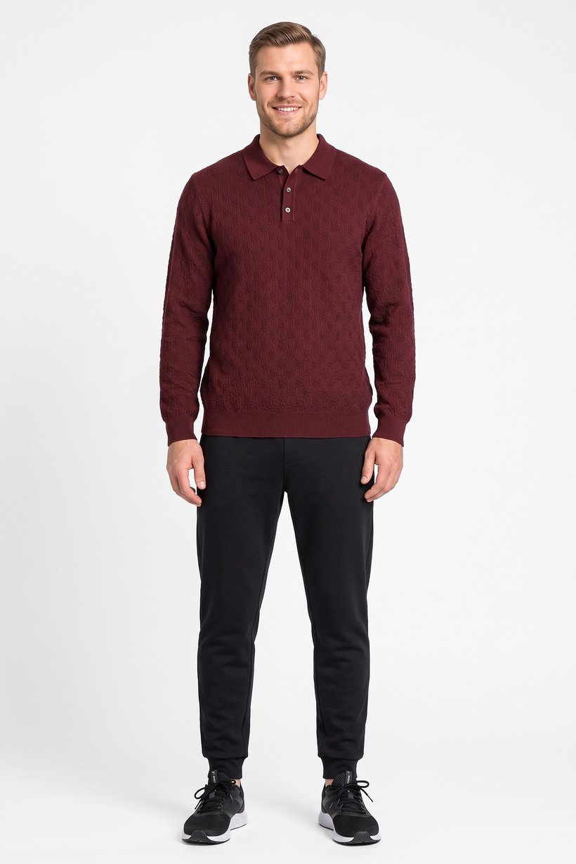 Men Spread Collar Knitted Sweater, Burgundy