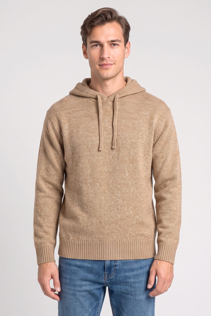 Men Knitted Long Sleeve Hoodie, Brown