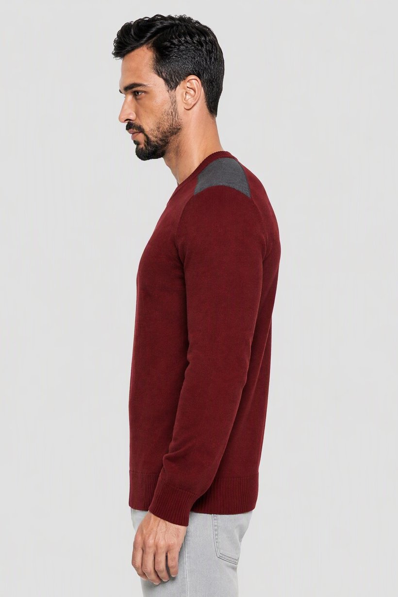 Men Crew Neck Knitted Sweater, Dark Maroon