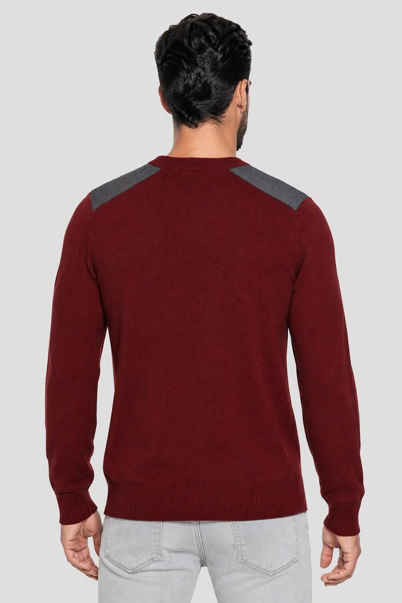 Men Crew Neck Knitted Sweater, Dark Maroon